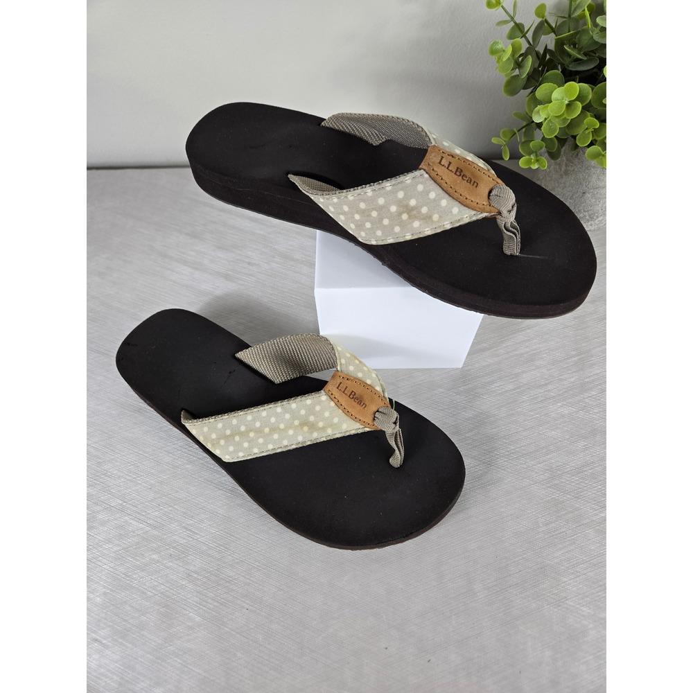 LL Bean Womens Polka Dot Thong Sandals Brown Tan Size 6 287332